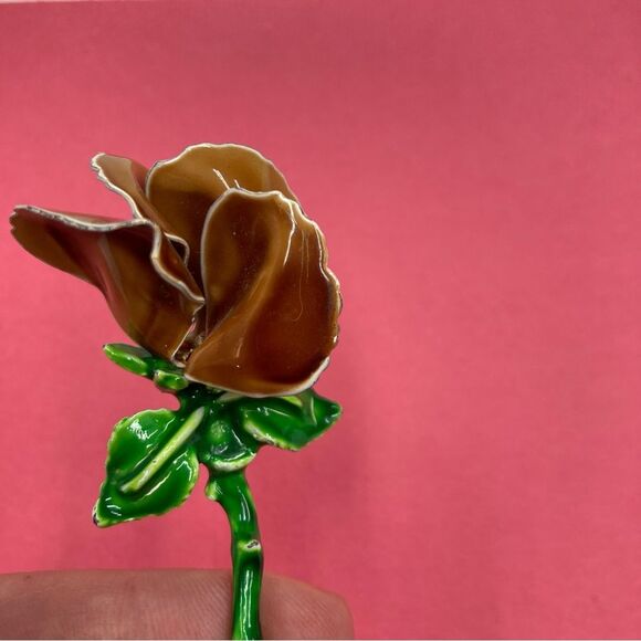 Rose Flower Brooch Pin Brown and Green Jewelry Accessory Boutonniere Ceramic - Picture 8 of 12
